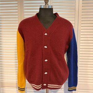 Leader x Yitai Colorblock Cardigan Sweater - Burgundy, Yellow, and Blue